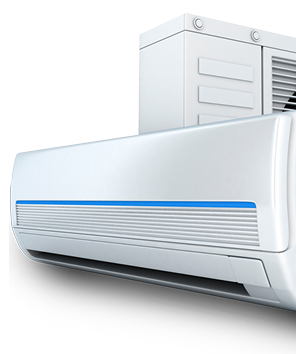 Wall-mounted air conditioner with a sleek, modern design in white against a black background. Visible outdoor unit shows vents and panels. Clean and efficient.