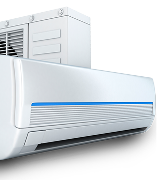A modern air conditioning unit is shown, featuring a sleek design with a blue accent line. The unit is positioned against a black background, emphasizing its clean lines and functionality.