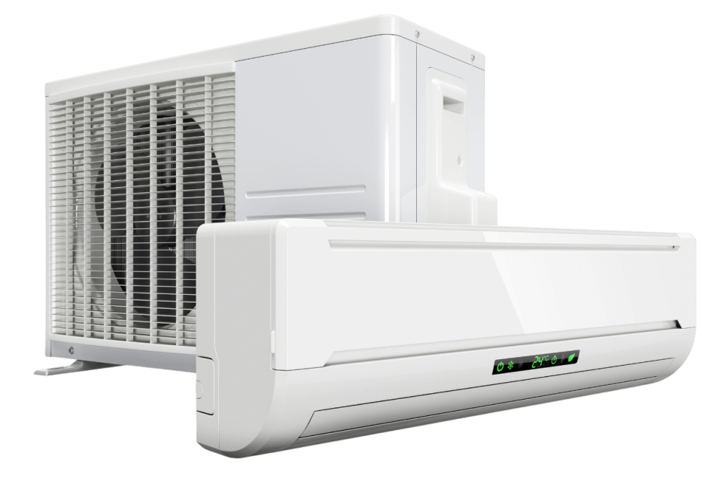 A sleek split-system air conditioner with a white indoor unit featuring control buttons and a larger outdoor unit with a visible fan against a black background.
