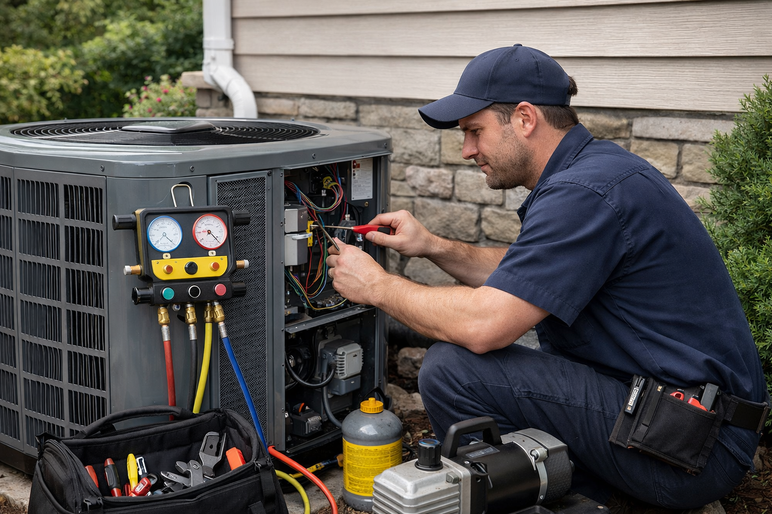 A technician performing HVAC maintenance service in Danville, VA, residential system.