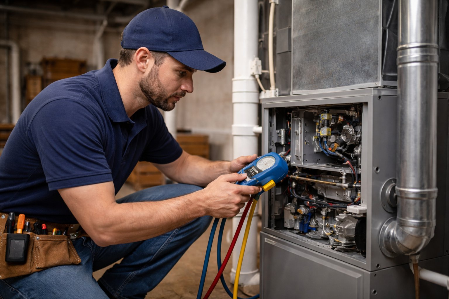 HVAC contractor inspecting air conditioning unit in Danville, VA home.